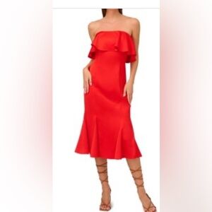 Liv Foster Red Crepe Back Satin Popover Midi Cocktail Dress/Strapless - Size 6